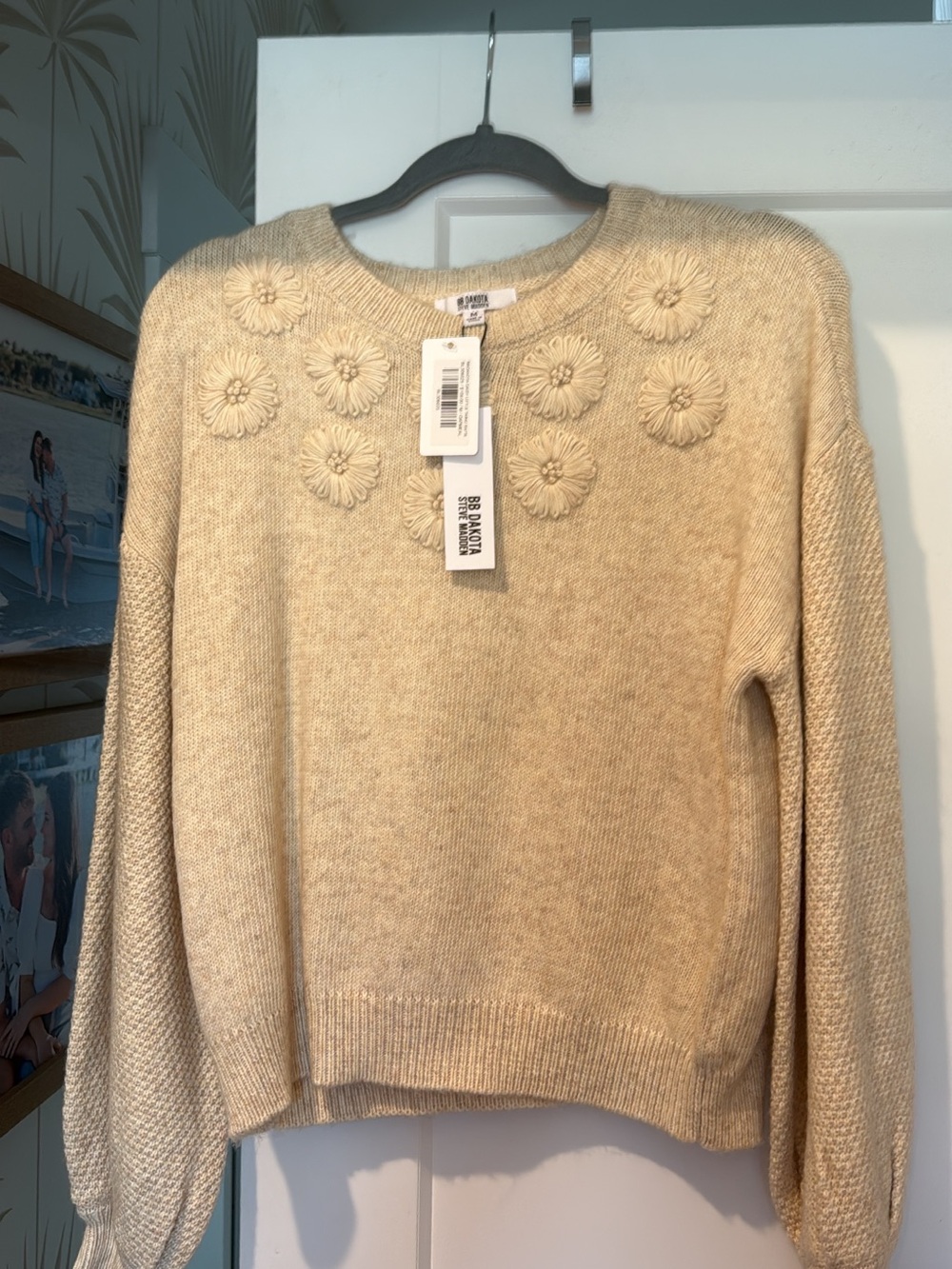 BB Dakota Beige Crewneck Sweater with Daisy Knit Appliques